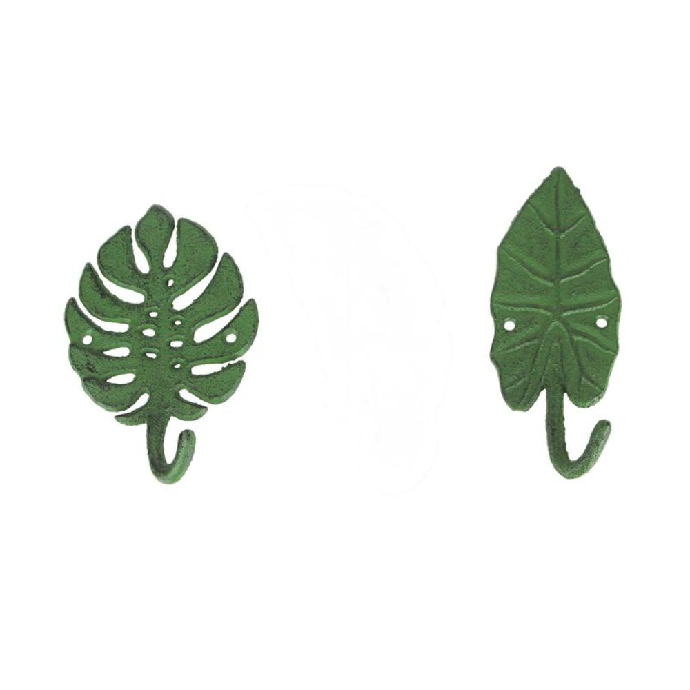 Set of 2 Tropical Leaf Decorative Wall Hooks, Green Cast Iron, 6 Inch